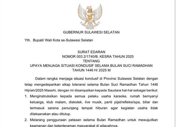Surat Edaran Gubernur Sulsel soal THM